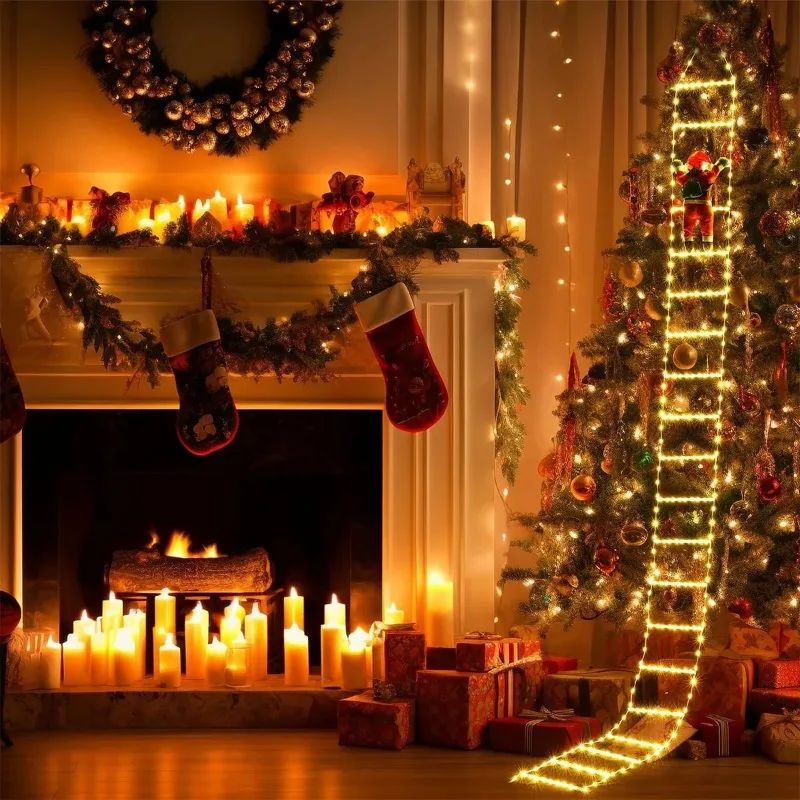 Decoração de Natal Luz Quente Casa Jardim Árvore de Natal Enfeite Presente Conector USB 3M Papai Noel Subindo Escada