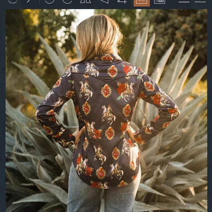 2025 New Women's Slim Fit Long Sleeve Shirt Western Cowboy Ethnic Streetwear Print Collared Denim Button up Fashionable Top