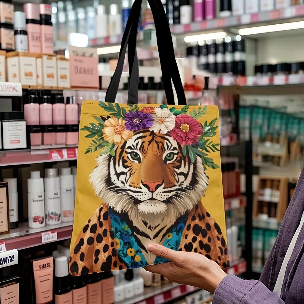 1pc Stylish Tiger & Leopard Print Tote Bag with Vibrant Floral Wreath Design Perfect for Shopping Commuting Gifting on Holidays