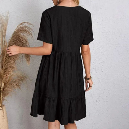 Women Summer Peplum Dresses Spring V-Neck Short Sleeve Loose Waist Ruffle Fit Fl