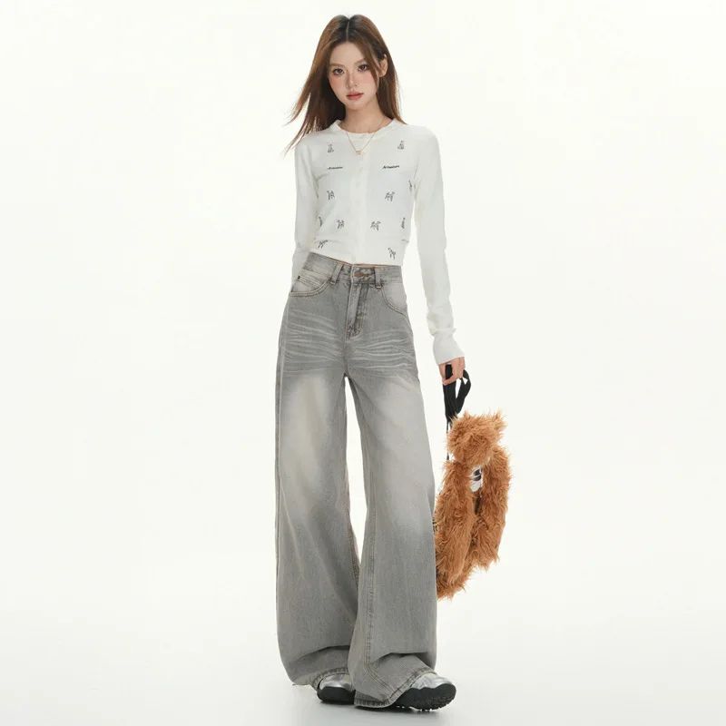Gray American High Street Wide Leg Jeans Women Loose Drapey Slim Straight Floor-Length Pants High Waist Button Decoration