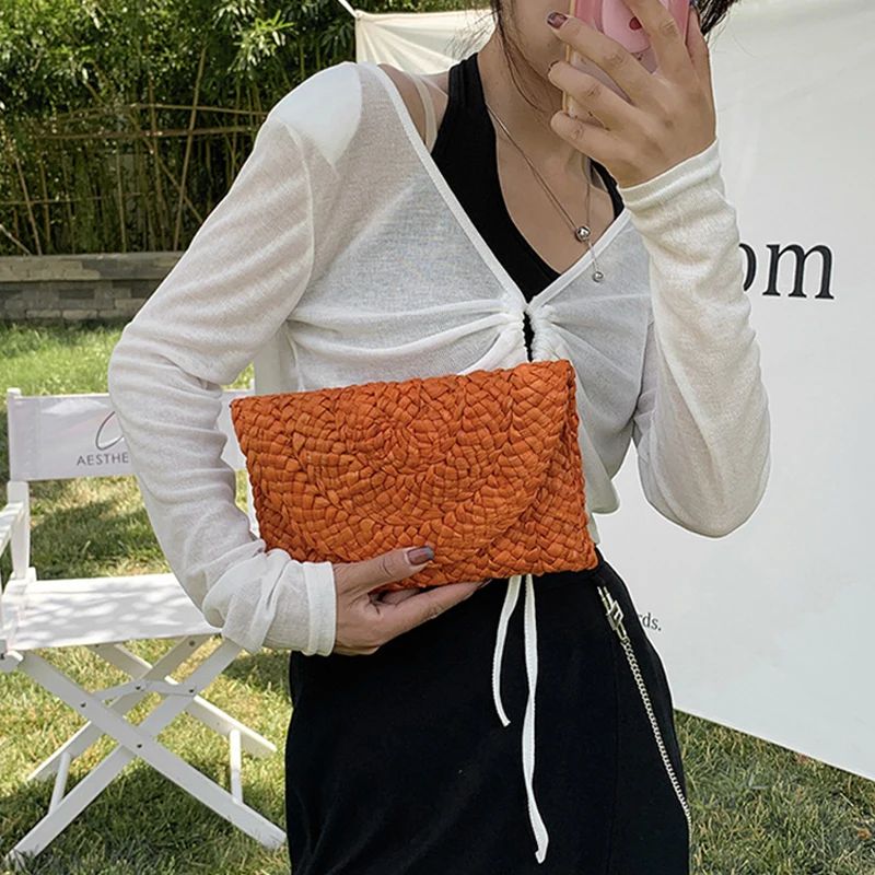 Corn Husk Weave Dinner Clutch Bag Women's Fashion Simple Solid Straw Large Purse Woman Summer Casual Vacation Ladies Wallet 2024