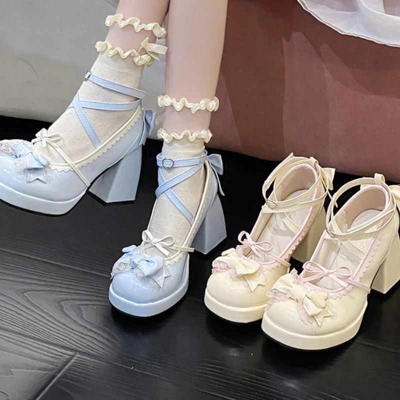 Spring/Autumn New Style Round Toe Square Heel Increased Fashion Elegant High Heel Women's Shoes Bow Decorated Mary Jane Shoes