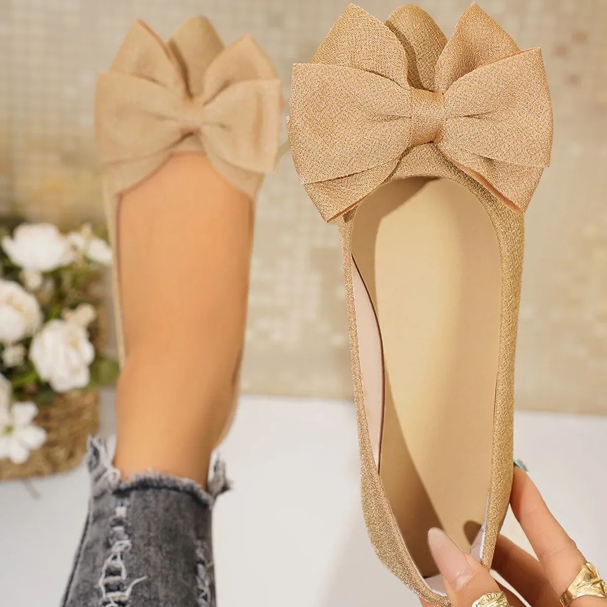 Women's Casual Flat Bottom Slip-On Shoes Spring Summer Pointed Comfortable Walking Footwear Women Bowtie Red Flats Size 43