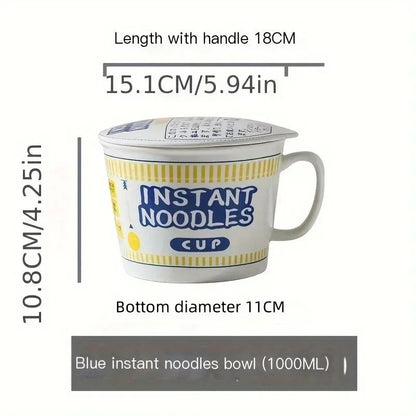 1pc Large Capacity Ceramic Instant Noodle Bowl with Cover?Perfect for Dorms and Home Kitchens - Keep Your Noodles Fresh and Warm