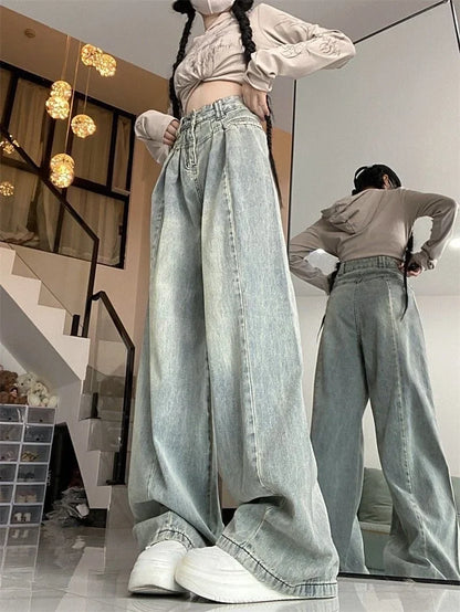 Vintage Light Blue Rugged Jeans Women's Loose-fit High-waisted Slimming Straight-leg Denim Trousers New Autumn Collection