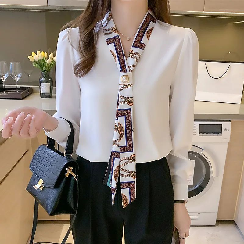 FANAN Elegant Fashion Office Lady Bow Solid Chiffon Shirts Women Clothing New Long Sleeve V-Neck Pullover Top Blouses Female2025