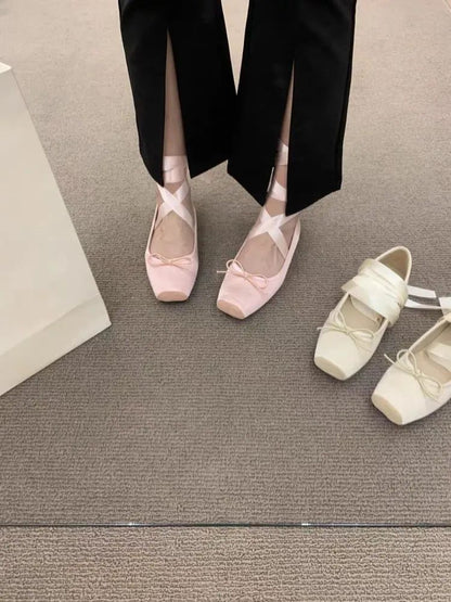 Women Flats Bow Marie Janes Shoes  New Lolita Dress Square Toe Shoes Designer Walking Sandals Female Elegant Zapatos