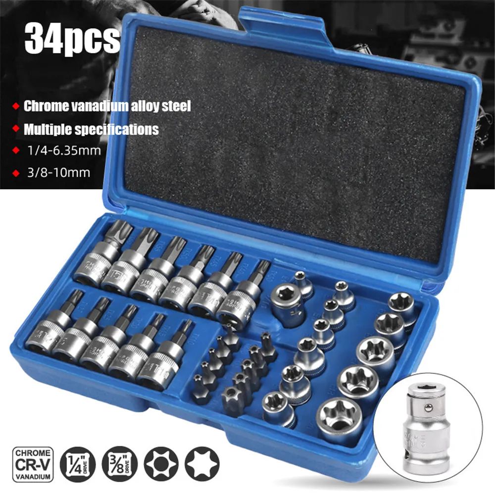 Conjunto de Soquetes Torx e E-Torx de 34 Peças, Encaixe de 1/4", 3/8", 1/2", Pontas Macho e Fêmea de Segurança E-torx, Ferramenta Manual