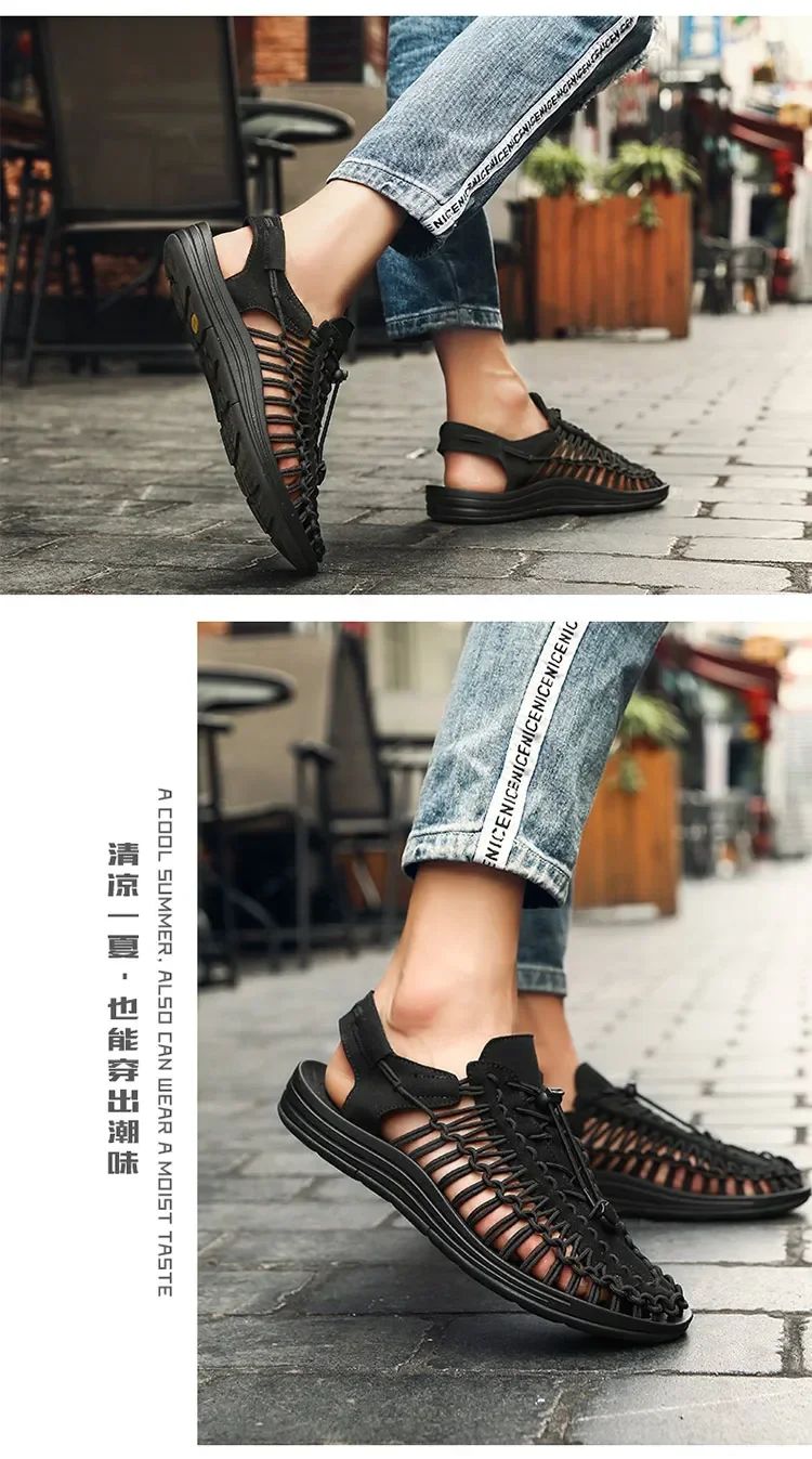 Summer Men Sandals Women Slippers Weaving Design Beach Sandals Breathable Casual Flat Sandals Outdoor Couples Sandals Size 48