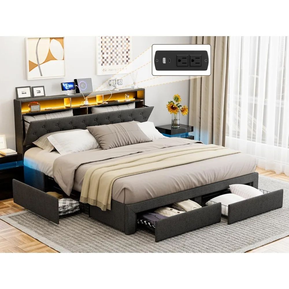 King Bed Frame with Charging Station Storage Headboard Upholstered Linen Button Tufted LED Platform Bed with 4 Drawers