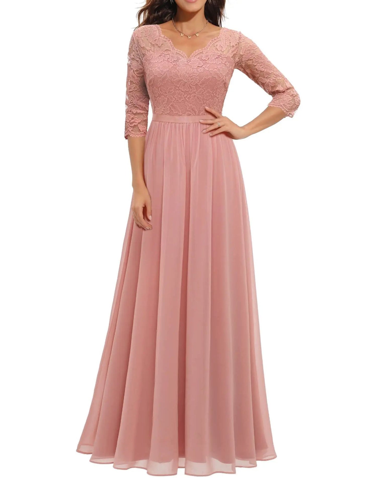 New 6-Color 5-Size Lace Splicing Long Waist-Cinching Elegant Dress Floor-Length V-Neck Polyester Fiber Evening Gown Dress