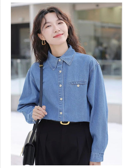 2024 New Vintage Loose-Fit Denim Shirt Women's Petite Top Commuter Jacket Fashionable Through-The-Year Style
