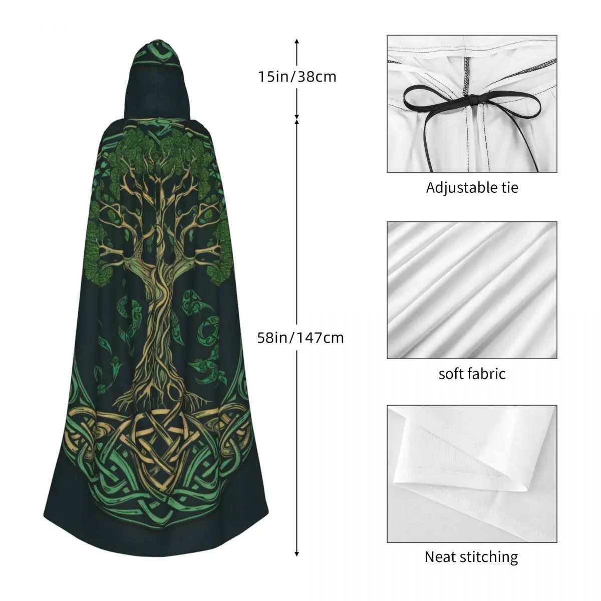 Tree Of Life Celtic Adult Cloak Cape Hooded Medieval Costume Witch Wicca Vampire Elf Purim Carnival Party