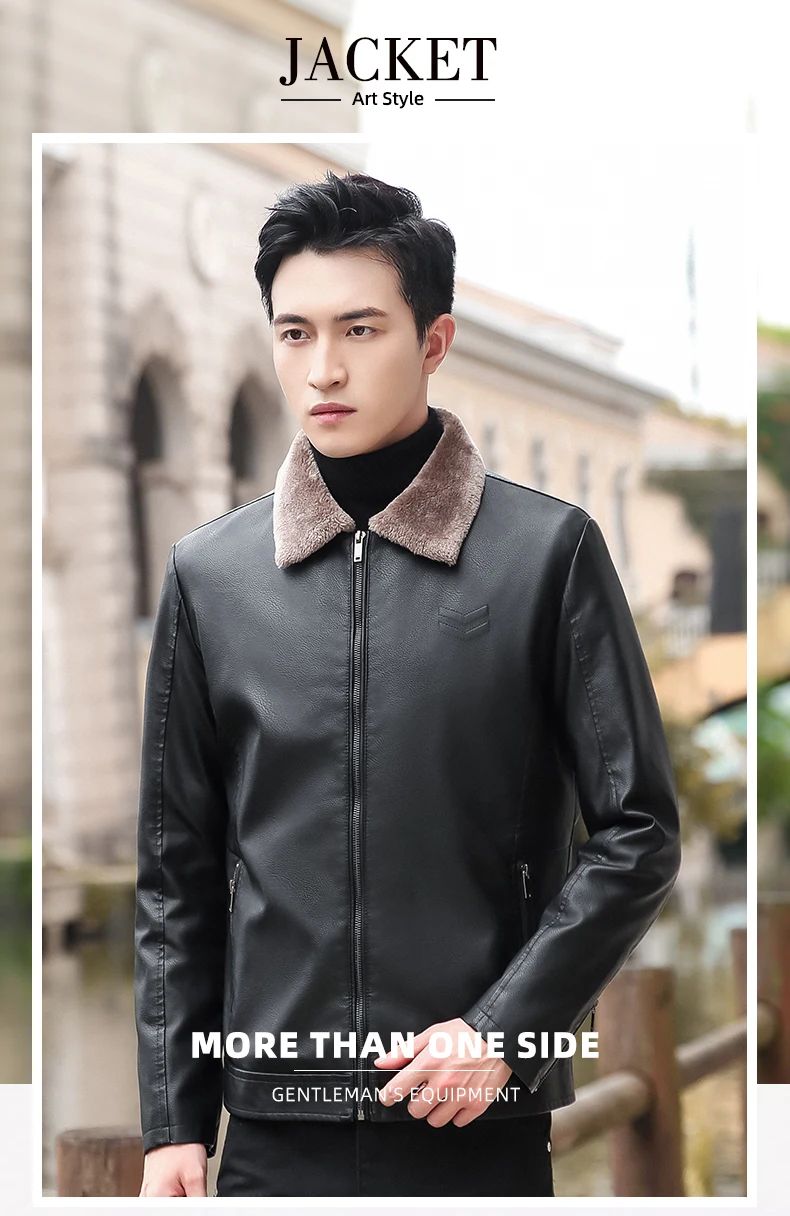 Trend Korean Slim Fit Casual Men's Leather Jacket Leather Jacket Busines Men's Fur Collar High Quality Fashion Motorcycle Jacket