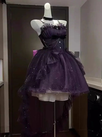Gothic Y2k Sling Dress Women Harajuku Retro Tulle Ruffles Trim Christmas Party Outfit Grunge Aesthetic Sleeveless Elegant Wear