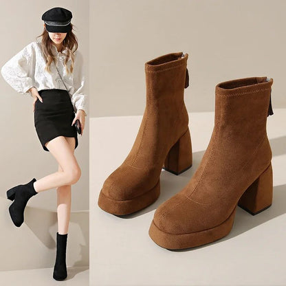 2024 Women's Fashion High-heeled Boots Winter New British Style Soft Sole Anti-slippery  Versatile Keep Warm Leather Shoes