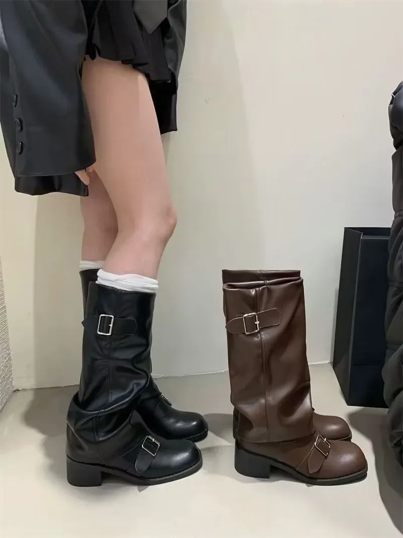 Woman Boots Knee High Platform Chunky Heels Trend Punk Gothic New Rock Leather Fashion Women's Shoes Motorcycle Footwear Q221