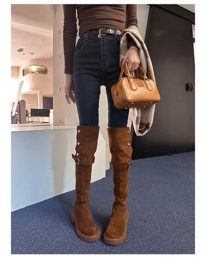 Over The Knee Cowboy Boots Women  Designer Winter Platform Shoes Fashion Fur Suede Wedges Thigh High Boots Motorcycle Shoes 2024