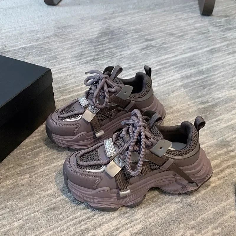 Women's Chunky Sneakers  Breathable Mesh Platform Sports Shoes Woman Fashion Lace Up Thick Sole Casual Shoes Mujer