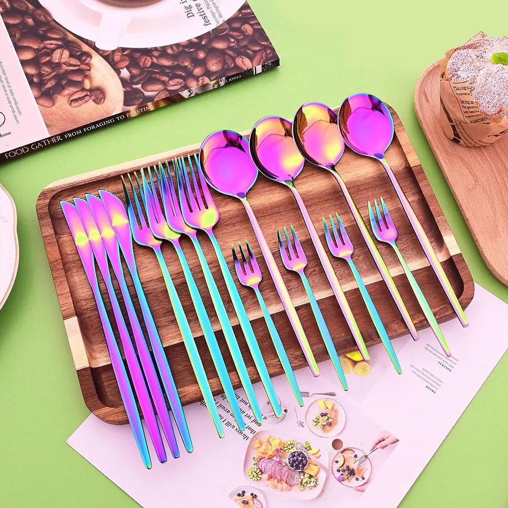 Conjunto de Talheres de Aço Inoxidável 16 Peças Rainbow para Jantar Faca Garfo de Bolo Colher Conjunto de Talheres de Mesa de Cozinha