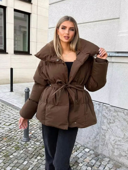 Solid Lapel Lace Up Cotton Coat Women Fashion Long Sleeve Warm Loose Pocket Short Coats Lady New Winter Commute Street Outwears