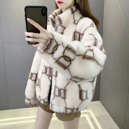 Ladies Thickened Cotton Lamb Fur Jacket Korean Style Winter Outerwear Loose Versatile Trendy Coat Warm Comfortable Soft Material