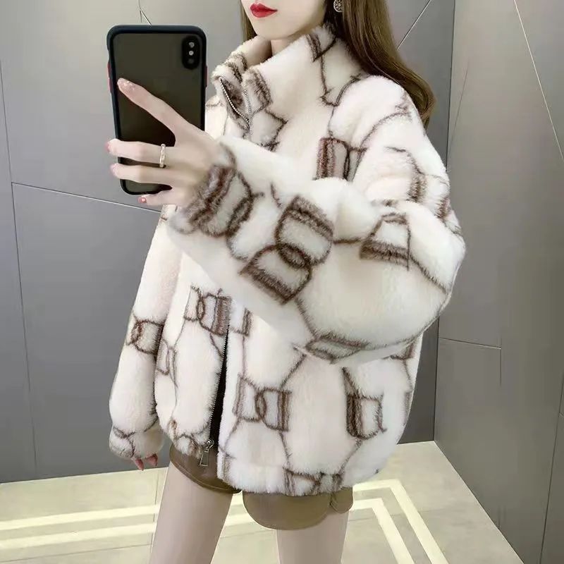 Ladies Thickened Cotton Lamb Fur Jacket Korean Style Winter Outerwear Loose Versatile Trendy Coat Warm Comfortable Soft Material