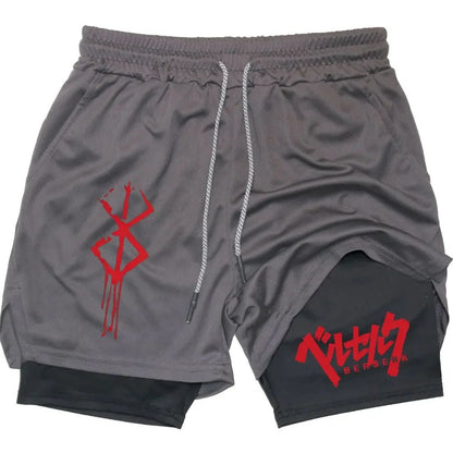 Anime Berserk 2 in 1 Gym Shorts for Men Active Athletic Compression Shorts 5 Inch Quick Dry Stretchy Training Fitness Workout