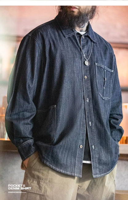 Maden Vintage Washed Pockets Denim Shirt for Men Casual Button Down Long Sleeve Shirt Male Loose Workwear Tops Large Pocket