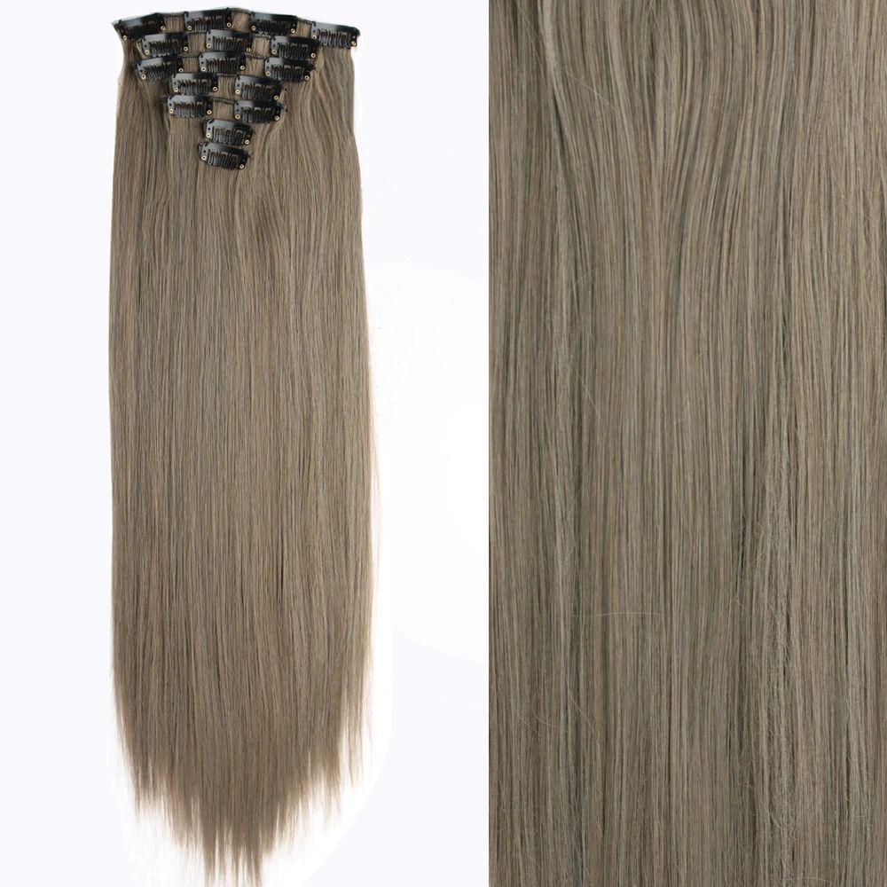 7 peças/conjunto de aplique de cabelo com 16 grampos, preto, longo e liso, cabelo natural, aplique de cabelo ombre, fibra resistente ao calor para penteado feminino