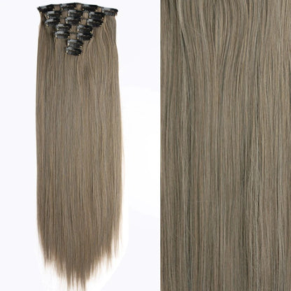 7 peças/conjunto de aplique de cabelo com 16 grampos, preto, longo e liso, cabelo natural, aplique de cabelo ombre, fibra resistente ao calor para penteado feminino