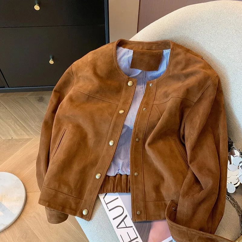 Retro Brown Suede Short Jacket Women's Spring Autumn Casual Loose Design Sense Meral Jacket Top round Neck Full Sleeve
