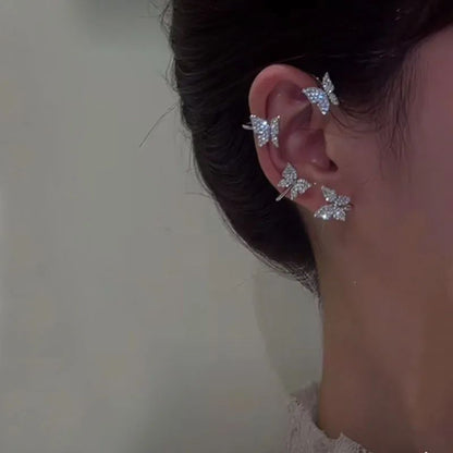 Brincos Borboleta de Metal Banhado a Prata Sem Furo para Mulheres Brilhantes Zircônia Fio de Orelha Clipe Brincos Joias de Casamento