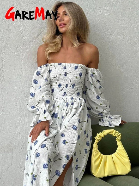 Women's Summer Cotton Dress 100% Elegant Ruffle Midi Floral Print Dress with Sid
