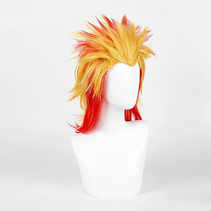 Peruca Cosplay de Demon Slayer Rengoku Kyoujurou Anime Kimetsu No Yaiba Peruca Cosplay Mista de Dourado e Vermelho Sintética Peruca de Cabelo Resistente ao Calor