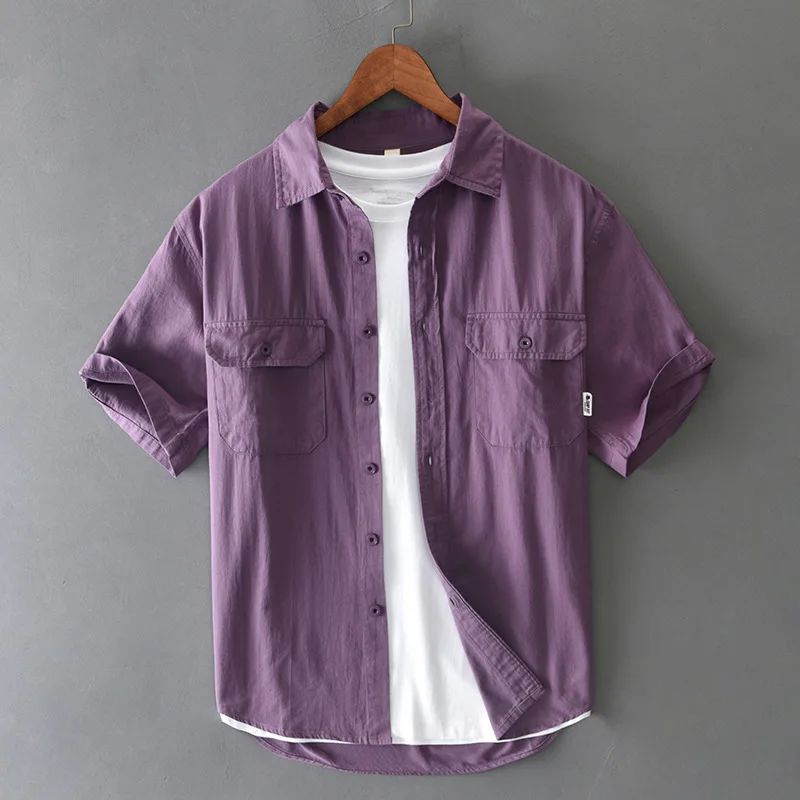 Summer Short Sleeve Cargo Shirt Men Streetwear Men Loose Shirts Casual Pure Cotton Double Pockets Khaki Shirt Fashion Clothing