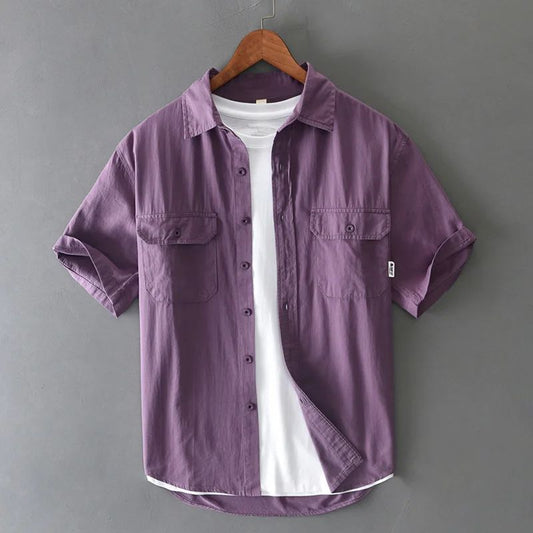 Summer Short Sleeve Cargo Shirt Men Streetwear Men Loose Shirts Casual Pure Cotton Double Pockets Khaki Shirt Fashion Clothing