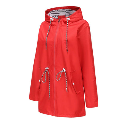 Blue Waterproof Hooded Jacket Women Fashion Casual Coat Waist Drawstring Tie Zipper Switch Red Green Yellow Black Windbreaker
