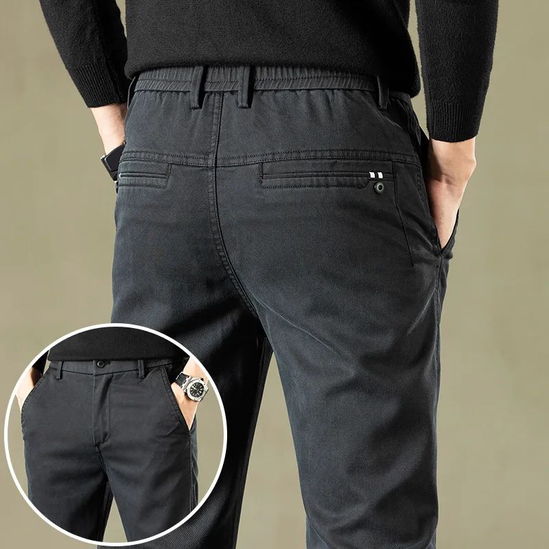 2024 Primavera Novas Calças Casuais Masculinas Marca de Roupas Negócios Cintura Elástica Grossa Clássica Slim Calça Masculina Preto Cinza Marrom