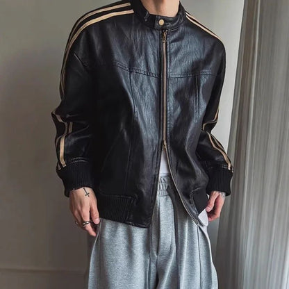 Loose Fit Men's Biker Leather Jacket Stripe Patchwork Stand Collar Casual Outerwear Façade Mixed Material Chinese Production
