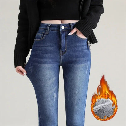 Winter Women Chic Fleece Thermal High Waist Jeans Lady Snow Warm Plush Denim Pants Girls Classic Fashion Straight Leg Trousers