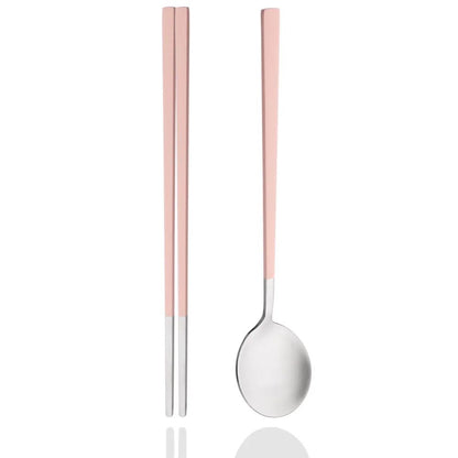 2Pcs Sushi Chopsticks Spoon Flatware Set Korean Colorful Silver Matte Tableware Stainless Steel Cutlery Set Spoon Dinnerware Set