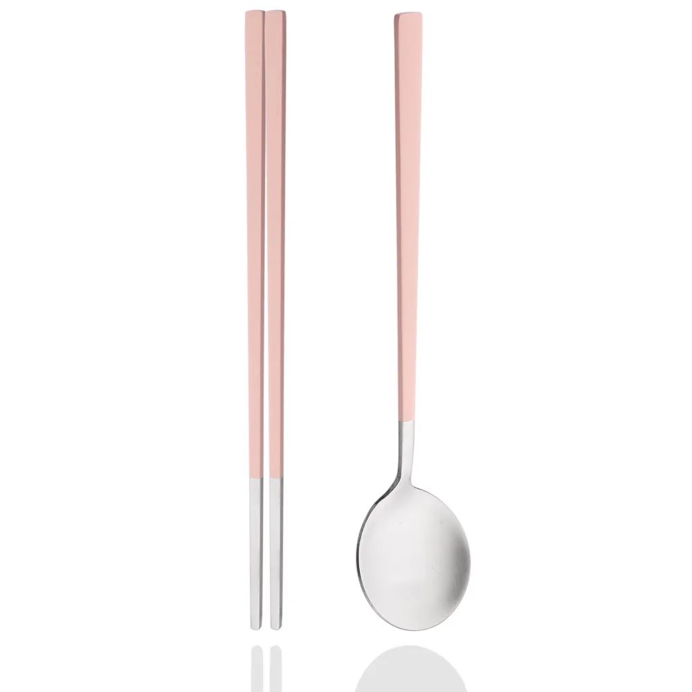 2Pcs Sushi Chopsticks Spoon Flatware Set Korean Colorful Silver Matte Tableware Stainless Steel Cutlery Set Spoon Dinnerware Set