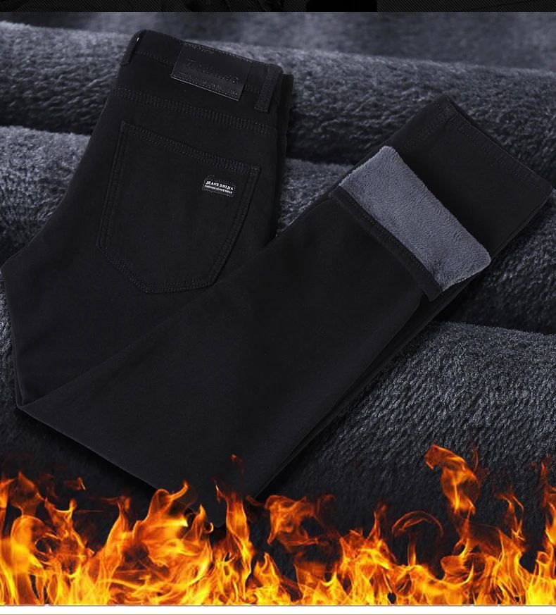 2025 New Winter Men Black Straight Stretch Denim Thick Velvet Pants Warm Jeans Casual Fleece Line Trousers Male Plus Size