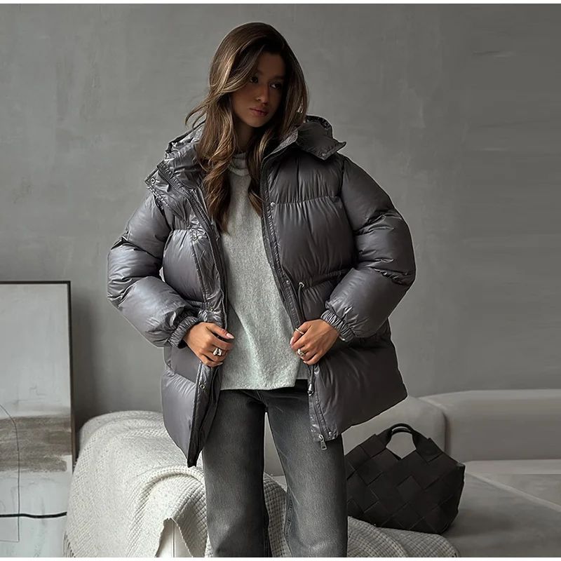 Glossy Shiny Women 's Down Jackets Vintage Hooded Zipper Puffer Full Sleeve Jackets For Woman 2025 Woman Winter Coats Outwears