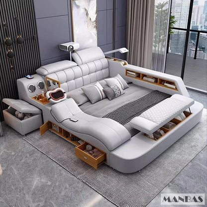 MANBAS Luxury King Size Genuine Leather Bed / Tech Smart Bed / Multifunctional Ultimate Beds / Massage Bed with USB,Projecter