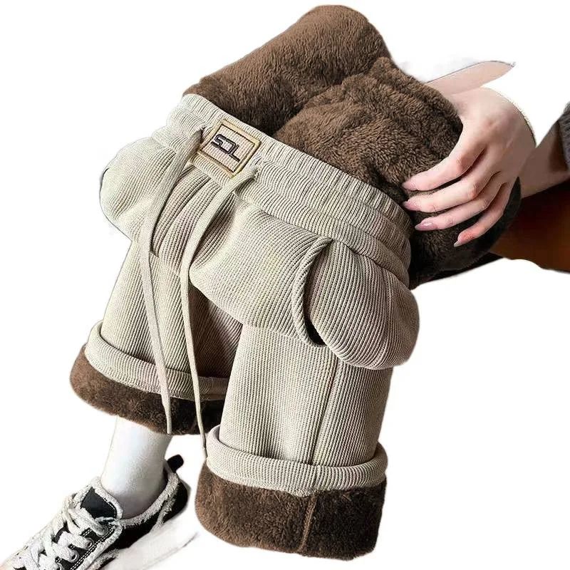 Thickened Fleece Lamb Velvet Large Size Corduroy Wide Leg Casual Straight Leg Pants Women Autumn Winter Special Thick Shiny Casu