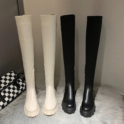 Women's Solid Color Chunky Heel Boots, Stylish Side Zipper Over The Knee Boots, Fashion Platform Long Boots