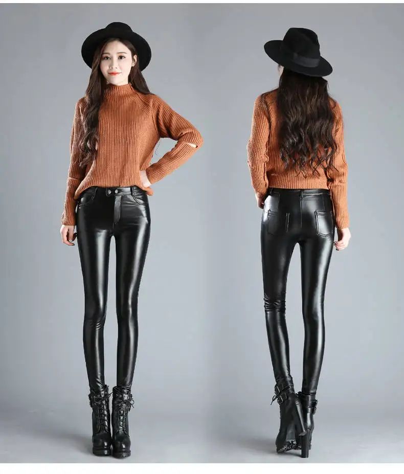 PU Leather Pants for Women Leggings Pencil Pants with Thermal Lining Female High-Waisted Stretchy Slim Fit Autumn Winter Black